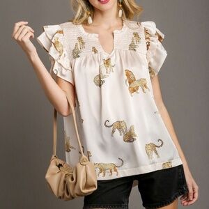NWT Safari Animal Leopard Print Top Blouse with smocking